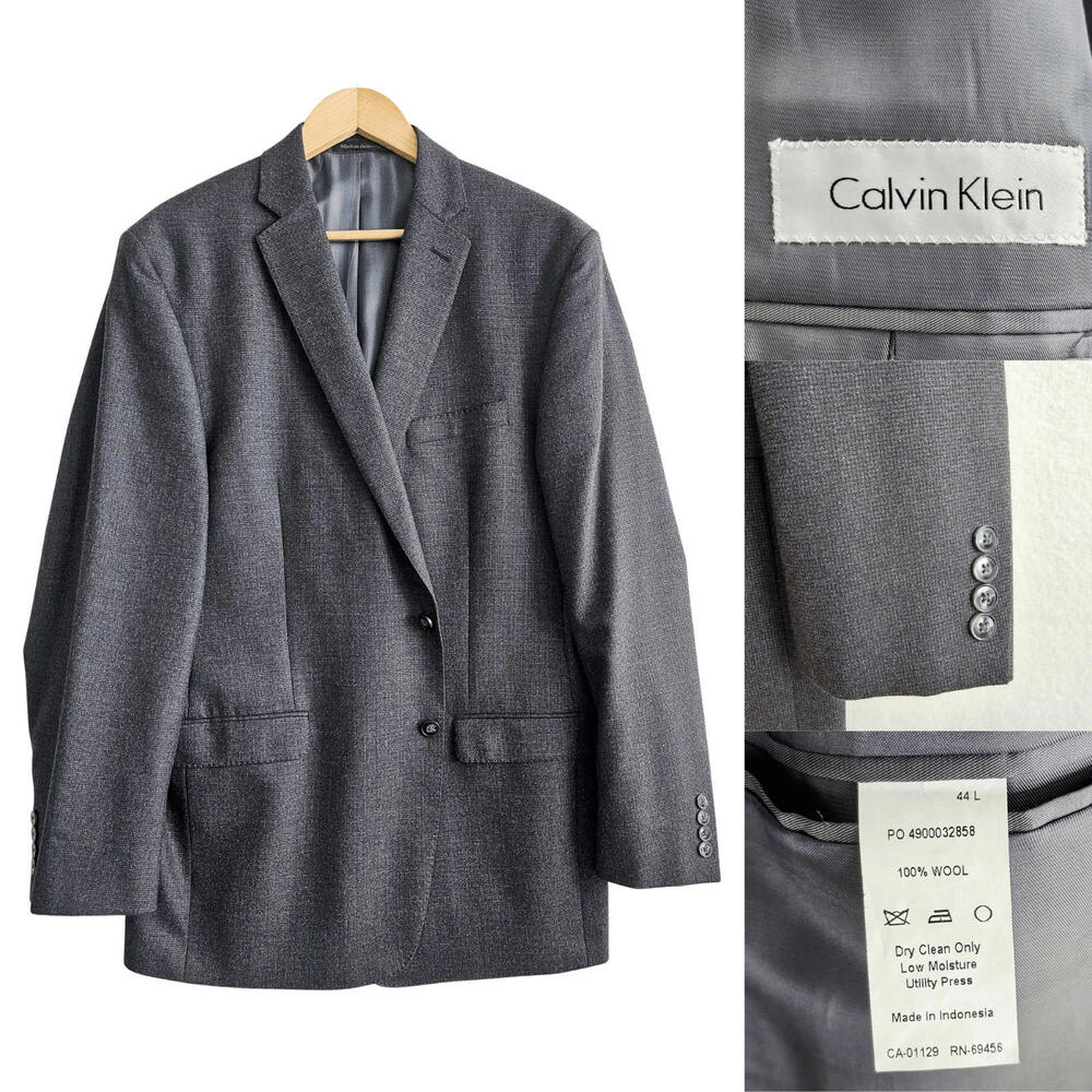 Calvin Klein 100% Wool Blazer Mens Size 44L Checkered Dark Gray Sport Coat